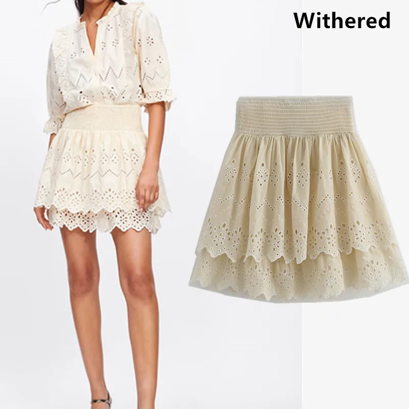 

Withered 2019 skirts women harajuku embroidery hollow out cascading ruffles elastic waist faldas mujer moda skirts womens 0609