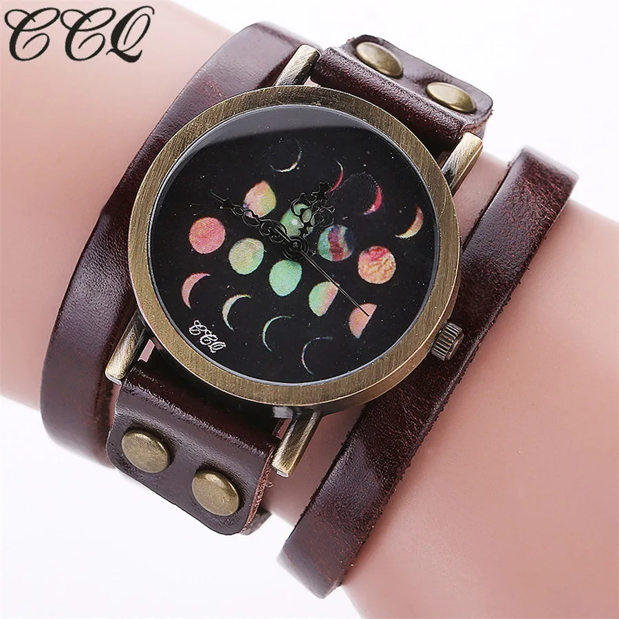 

CCQ Brand Women Casual Moon Phases Pattern Unisex Puck Rivet Quartz Wrist Watch Fashion Vintage Style Leather Wristwatch C95