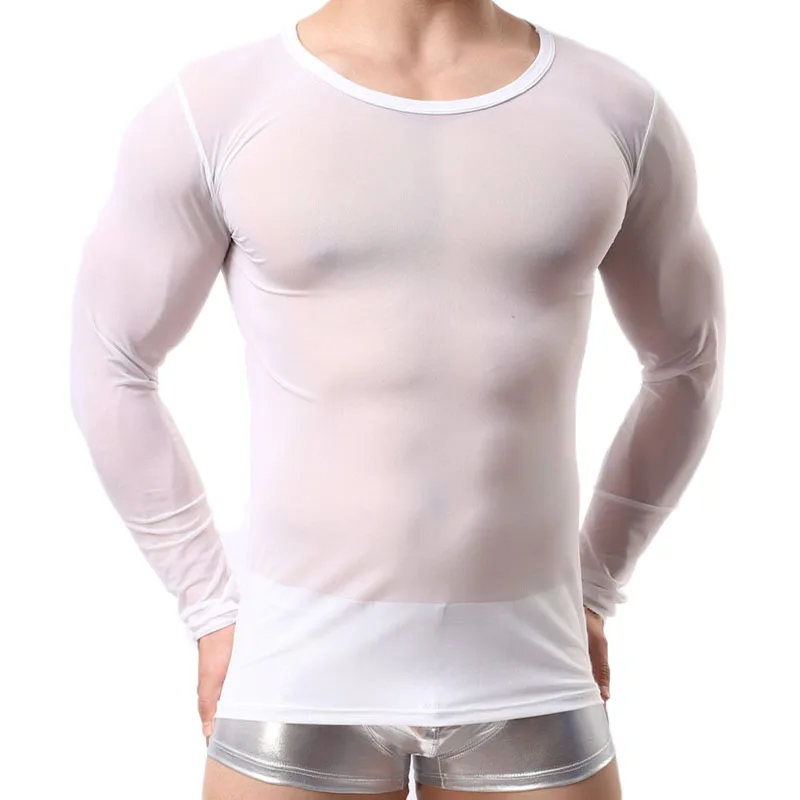 

Sexy Men's Undershirts Male Long Sleeves Clothing Men O-neck Mesh Breathable Slim Thin Vest Man Undershirt Tan Tshirt