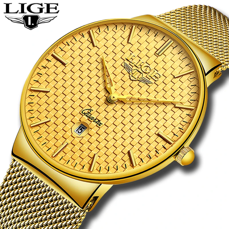 

LIGE Fashion Mens Watches Top Brand Luxury Sports Waterproof Quartz Watch Men Business Steel Mesh Gold Watch Relogio Masculino