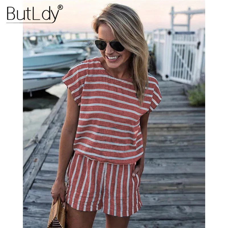 Striped Loose Playsuits Bodysuit Rompers Women Summer 2019 Casual Beach Jumpsuit Shorts Short Sleeve Elegant Overalls For Women