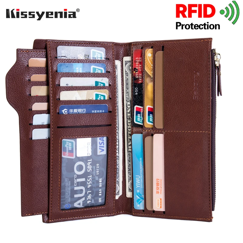 Kissyenia, длинный мужской кошелек из искусственной кожи, RFID, защита, зажим для денег, Ретро стиль, Бизнес Стиль, органайзер для карт, наличные, для монет, для карт, кошелек KS1202