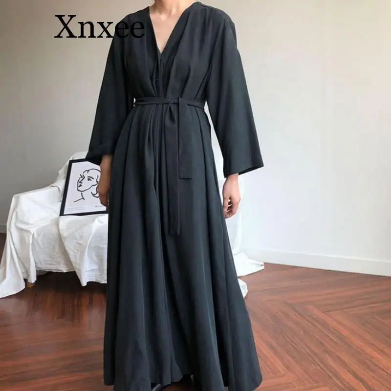 

Women Korean Autumn Long Shirt Dress Sexy V-neck Full Sleeves Vestido with Belt Vintage Robe Femme Elegant Longue