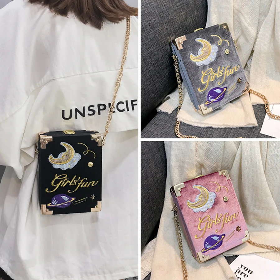 

Personaslity Fun Velvet Embroidered Moon Planet Chains Messenger Bags Women Handbag Purse Box Style Mini Ladies Shouler Bag 2019