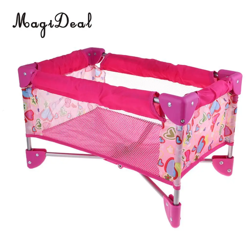 Simulation Baby Dolls Crib Bed with Carry Bag Kids Pretend Toys For Nursery Room Furniture Decoration Pink