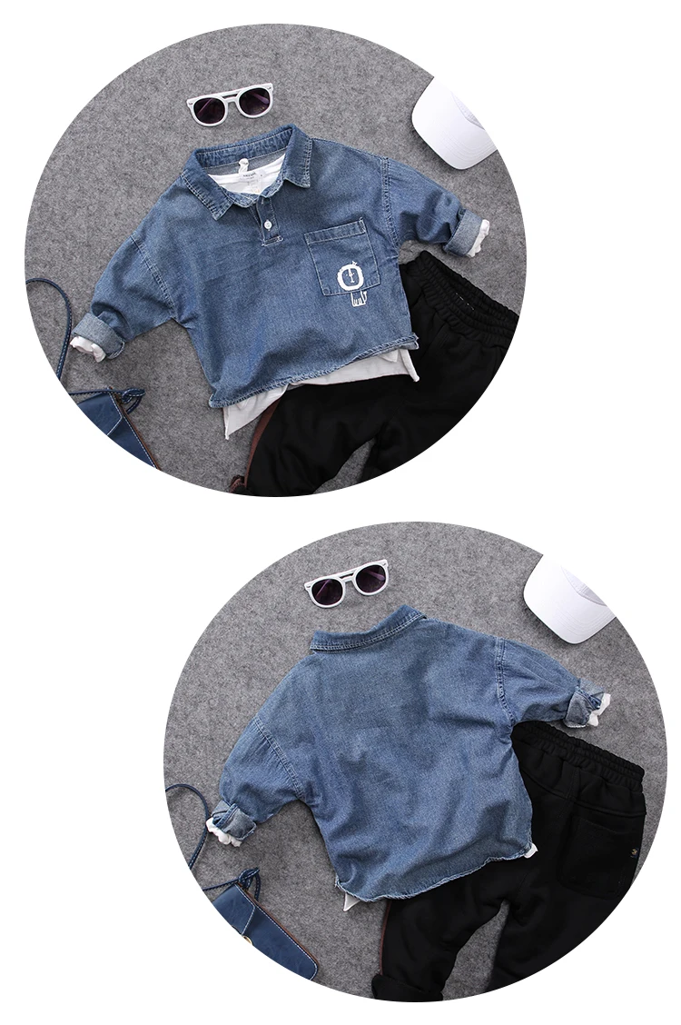 Новинка 2018 г. Осенняя мода стиль Мальчики джинсовые пуловер рубашка 1 шт. Детская рубашка с длинным рукавом для мальчиков на весну рубашка