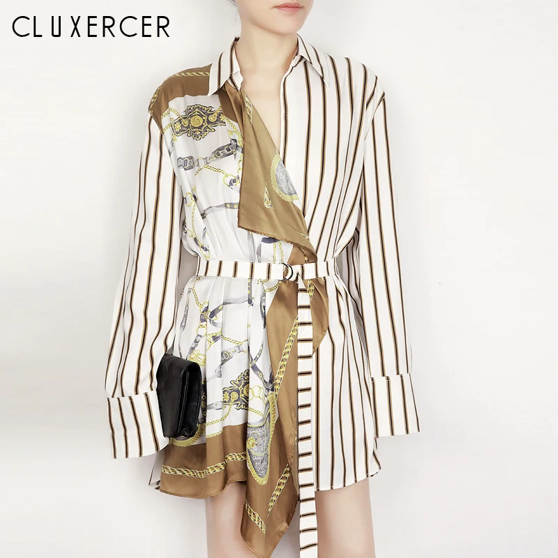 

Striped Long Sleeved Lrregular Shirt Female 2019 Summer New Chiffon Pattern Printed Stitch Loose Shirt Ladies Blouses