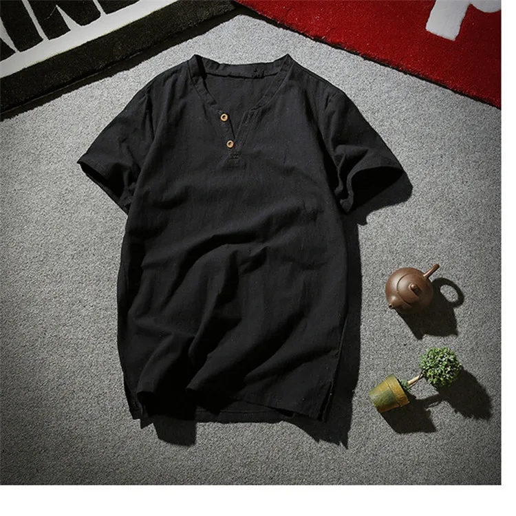 Льняные мужские рубашки, китайская культура, мужская рубашка, тонкая, короткий рукав, бренд, летние мужские рубашки, дышащие, азиатские, большие размеры, M-5XL, 6XL - Цвет: Черный