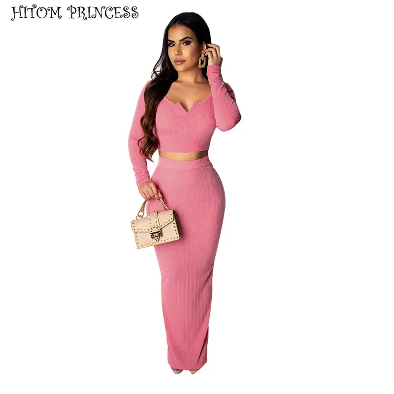

HITOM PRINCESS Long Sleeve Crop Top and Pencil Dress Two Piece Set Women Bodycon Sexy Party Long Maxi Dresses Autumn Outfits