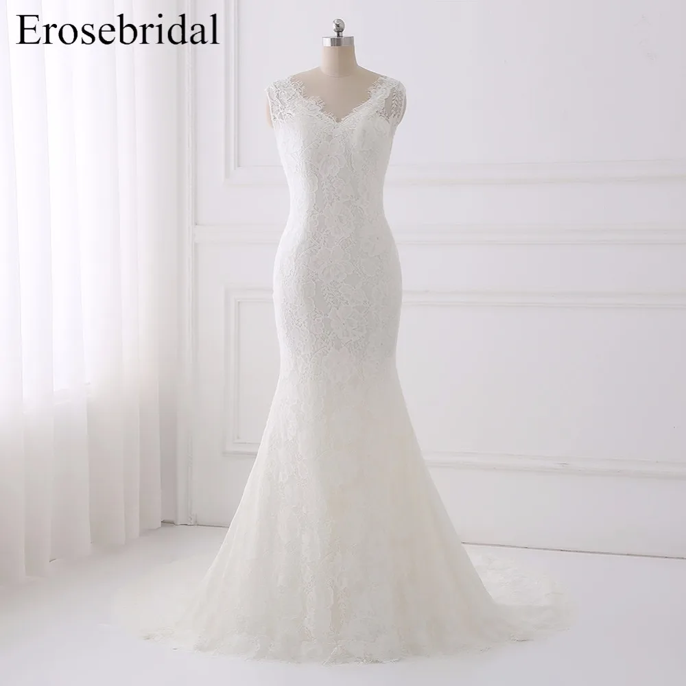 

Elegant 2018 Wedding Dress Erosebridal Lace Wedding Dresses Plus Size Bridal Gown Simple V Neck Vestido De Noiva GLT005