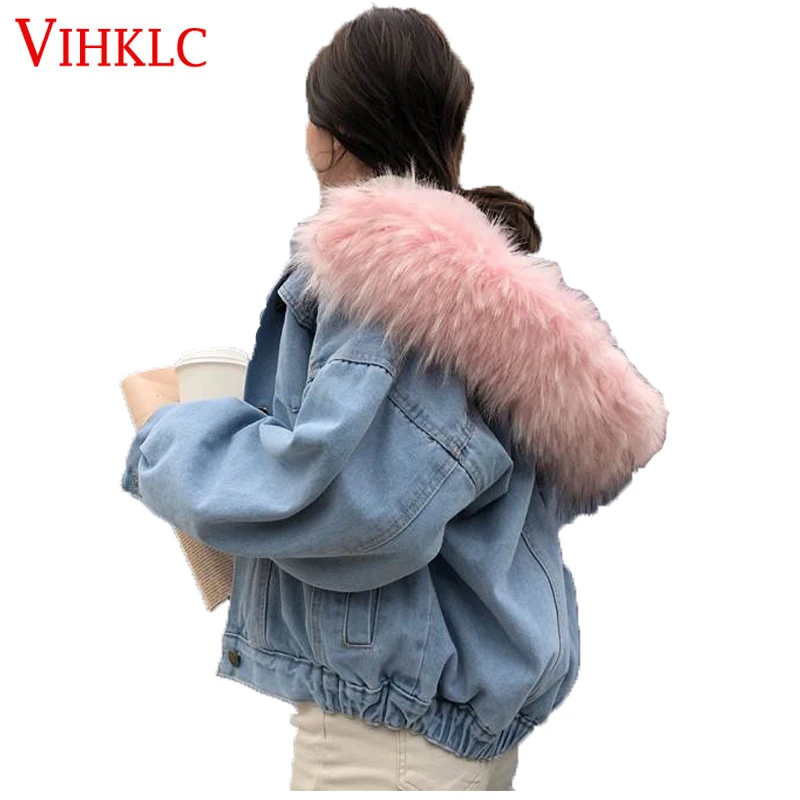 

Faux Fur Collar Short Parkas Loose Cotton Denim Coats 2018 Winter Women Hooded Jackets Pink Black Burgundy Snow Outwear B979