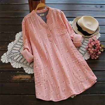 

Women Cotton Long Blouse Buttons printing Shirt Loose Casual Vintage Top Elegant Ladies Oversized Shirt
