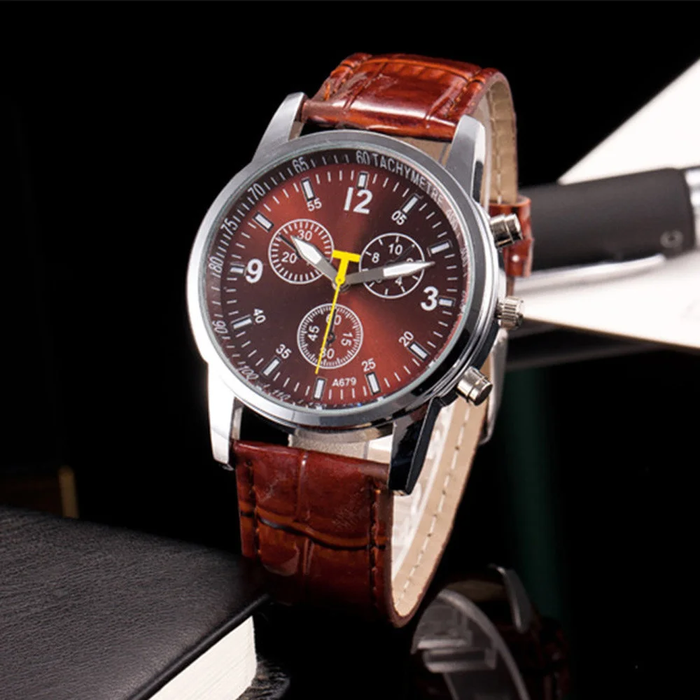Durable Men Watches Luxury Fashion Faux Leather Mens Analog Watch Wrist