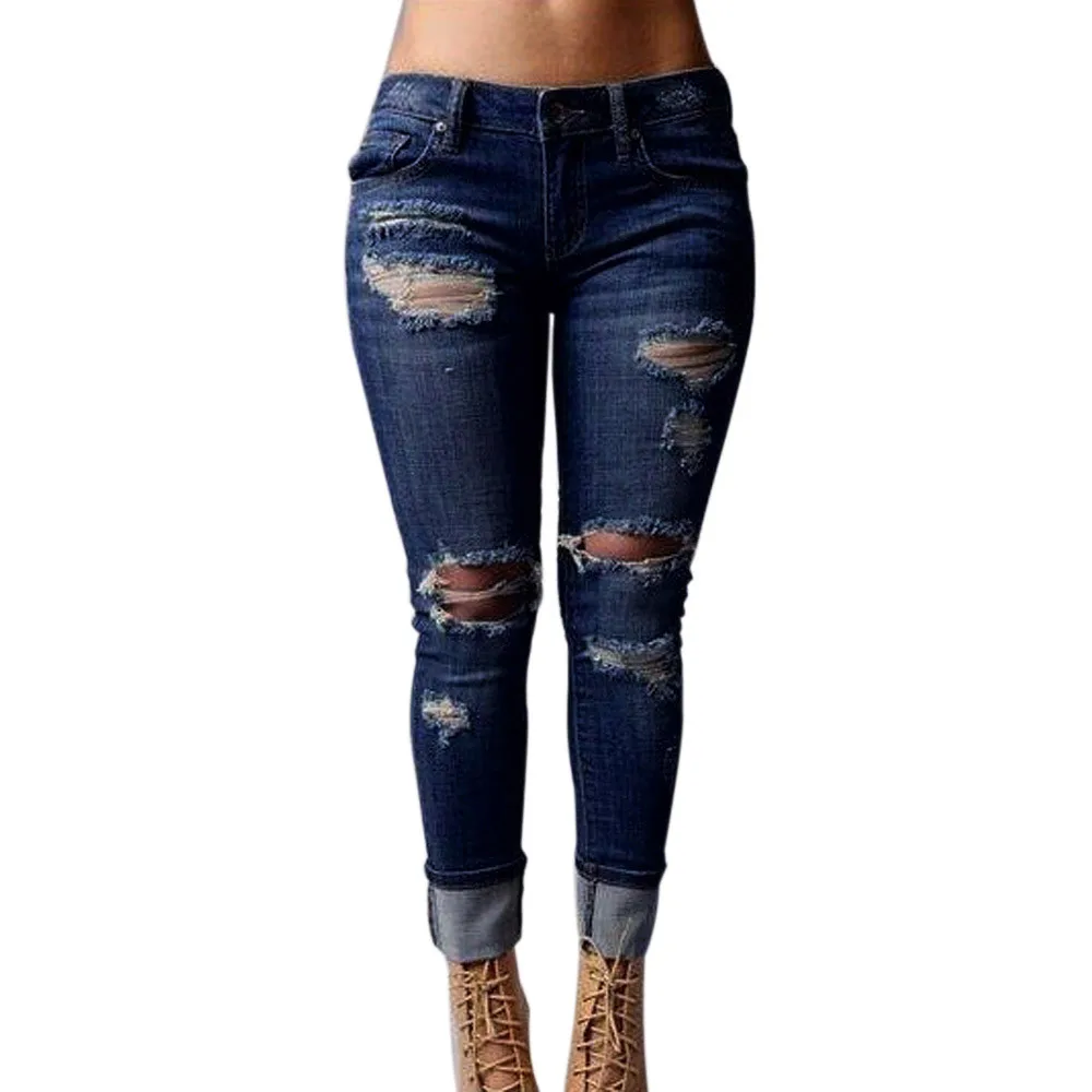 Women Skinny Ripped Holes Jeans Pants High Waist Stretch