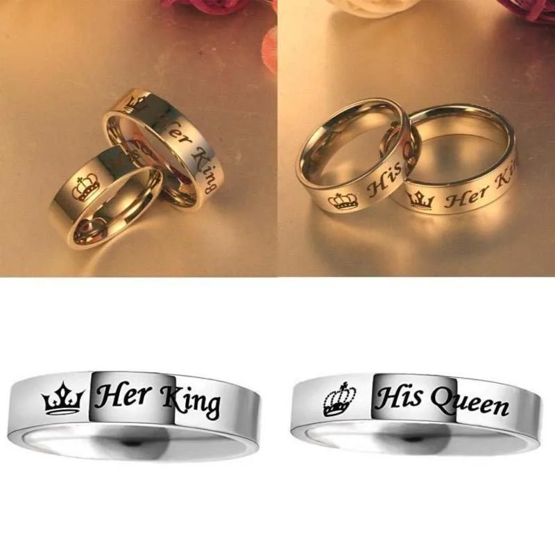 

Crown Rings His King Her Queen Personalize Engrave Silver Letter Print Titanium Steel Ring Match Couples Ring Gothic Punk Style