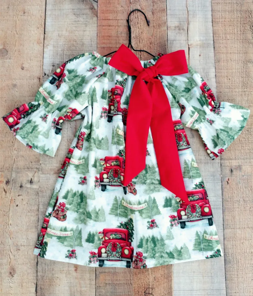 

Baby Girl Christmas dress Kids ruffle sleeve Dress Infant Sweet Car print Ball Gown