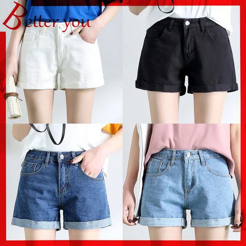

La Bar 2019 Women Shorts black blue white women cuffed jeans casual wide leg denim shorts Jeans Women