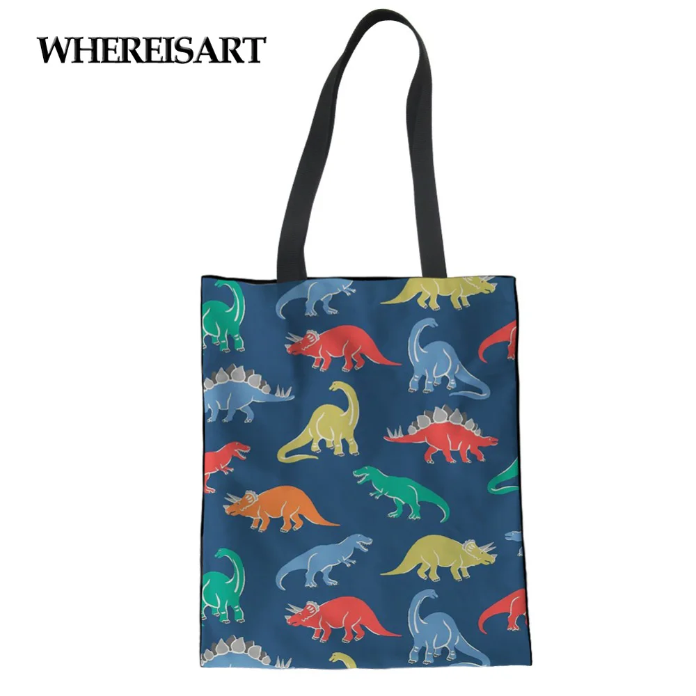 WHEREISART динозавр животных печатных женщин холст хозяйственная сумка кавайная сумка голографические плеча многоразовые сумки леди Сумочка девушка