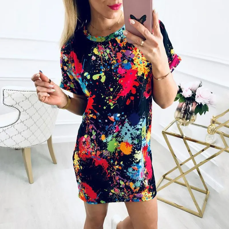 

BEFORW 2019 Fashion Women Color Splash Print Mini Dress Ladies Summer O Neck Short Sleeve Loose Casual Dresses Vestidos verano