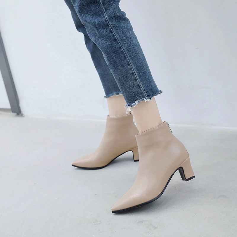 Pointed Toe Square Heel Women Boots Fashion Buckle Ankle Boots Women Shoes Zipper Cheap High Heel Boots Shoes Woman Large Size