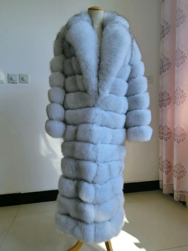 

European autumn and winter longer section integral skin genuine fox fur coat lapel stripes warm coat