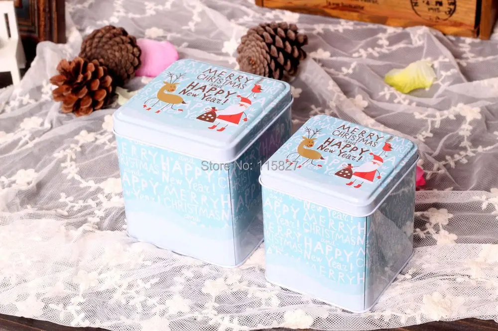 2 шт./лот синий цвет Рождественский дизайн подарочная коробка металлические конфеты случае железный чай коробка квадратный металлический контейнер