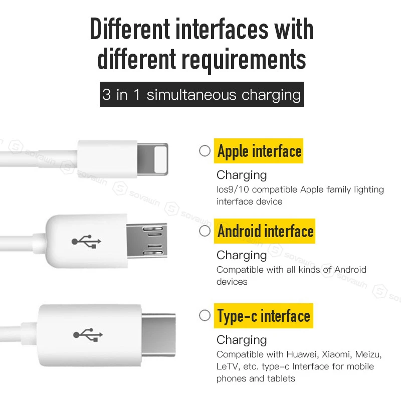 Sovawin 3 в 1 взаимный обмен данными между компьютером и периферийными устройствами PD кабель Быстрая зарядка для iPhone 7 XS все микро-usb для устройств на аndroid Тип C Зарядное устройство корд мобильного телефона Кабели для Samsung S9