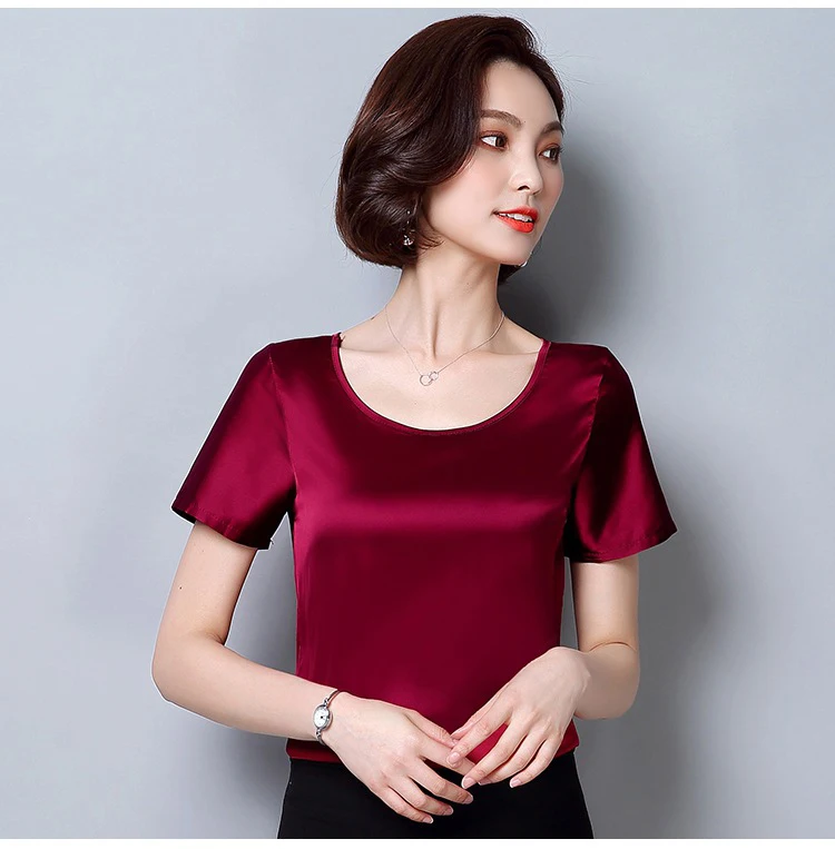 Винтажная Женская шелковая блузка летняя офисная атласная рубашка корейский элегантный большой размер с коротким рукавом топ размера плюс женская одежда
