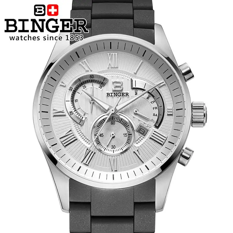 

BINGER Quartz Watches Men Silicone strap Switzerland men's watch luxury brand Wristwatches Chronograph Diver glowwatch BG-0407-2
