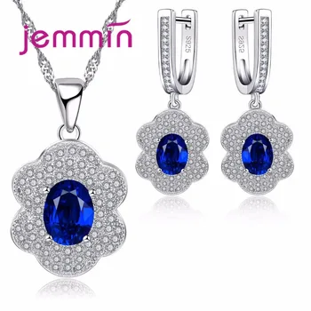 Jemmin Fine Rhinestone 925 Sterling Silver Jewelry Women Sapphire Pendants Necklace Dangle Earrings Sets For Wedding Engagement