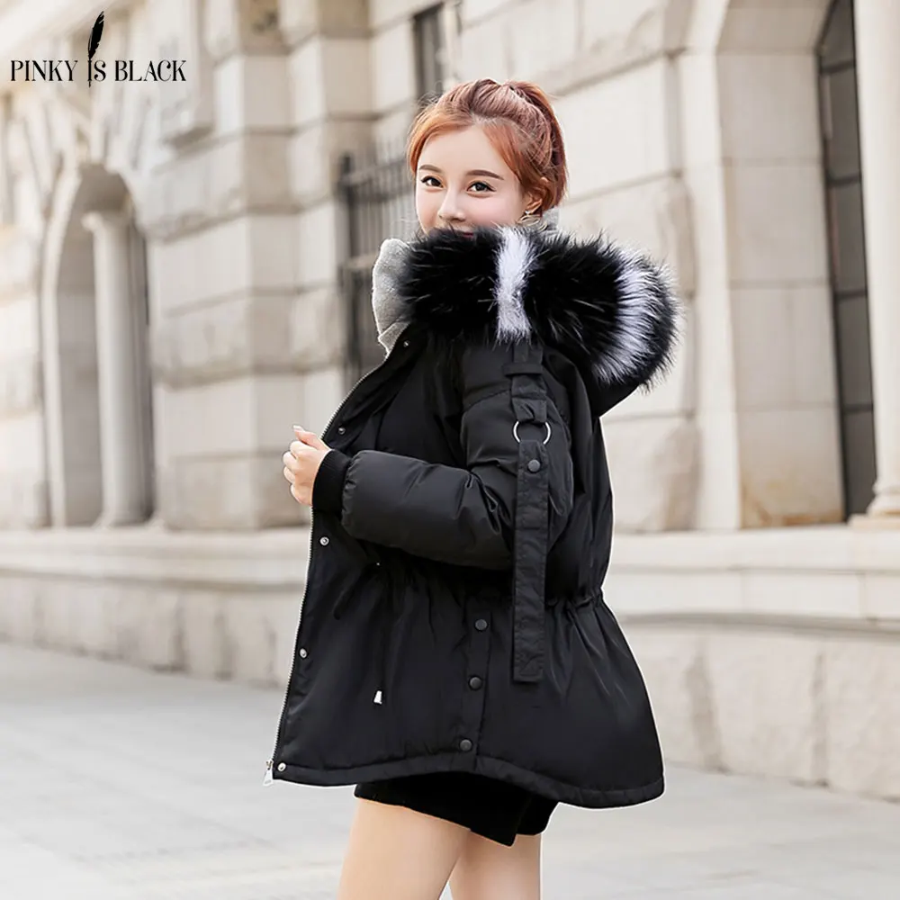 PinkyIsblack зимняя куртка женская Парка утепленная верхняя одежда Большие меховые пальто с капюшоном короткие женские тонкие хлопковые стеганые базовые Топы - Цвет: Черный