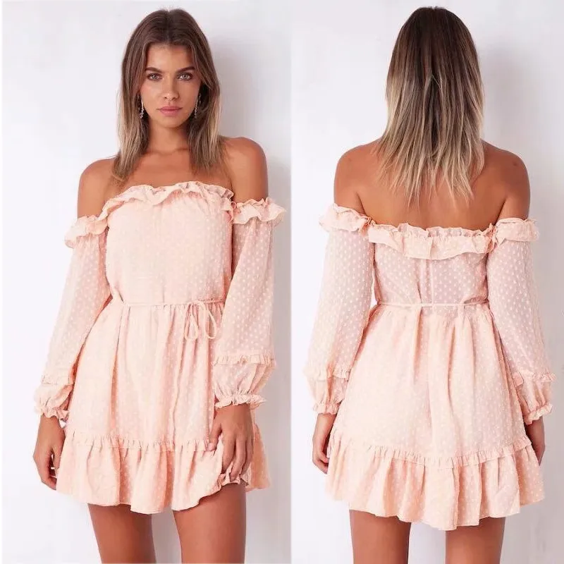 yinlinhe Off Shoulder Summer Dress Long Sleeve Polka Dot Women Dress Backless Sash Slim Waist Elegant Ruffles Vestidos 7