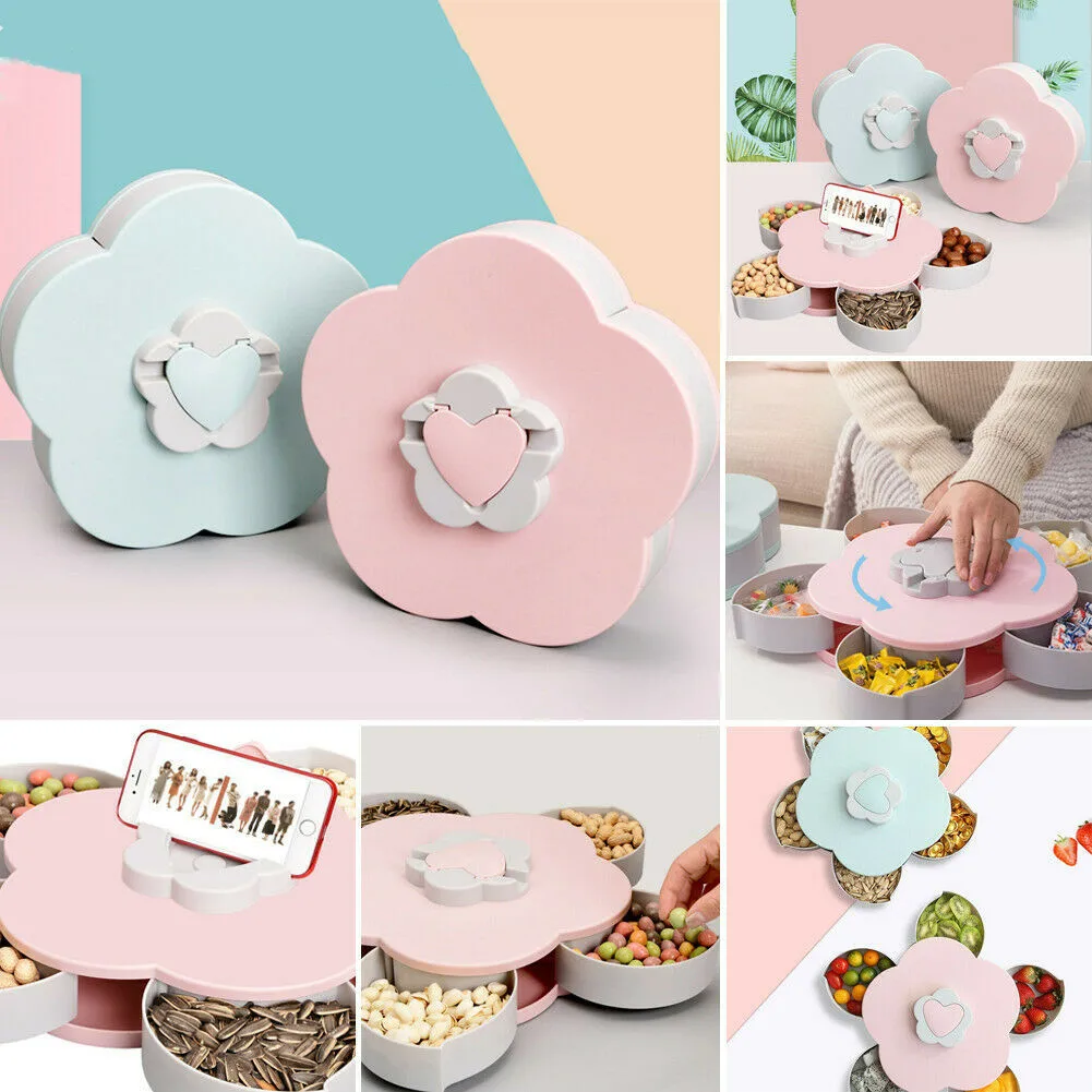 

Petal Shaped Rotating Candy Box Dish Snacks Tray Five Grid Dried Fruit Plate