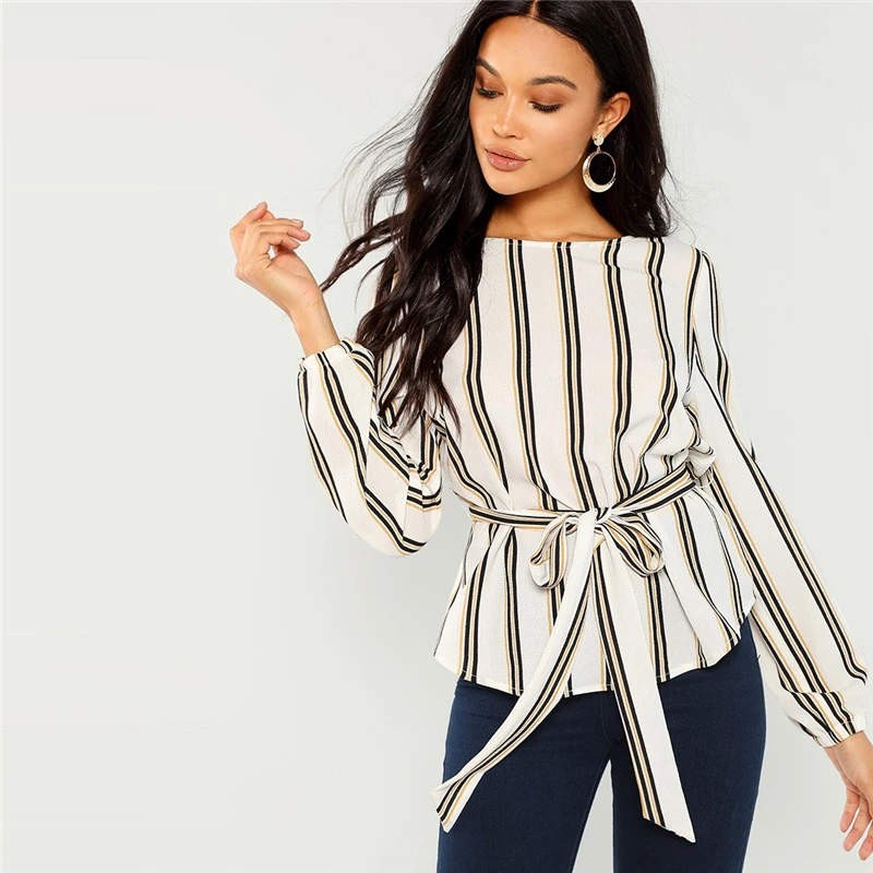 

Elegant Bandage Striped Blouse 2018 Autumn Winter Long Sleeve Shirts Sashes Bow Office Lady Shirt White Women Tops And Blouses
