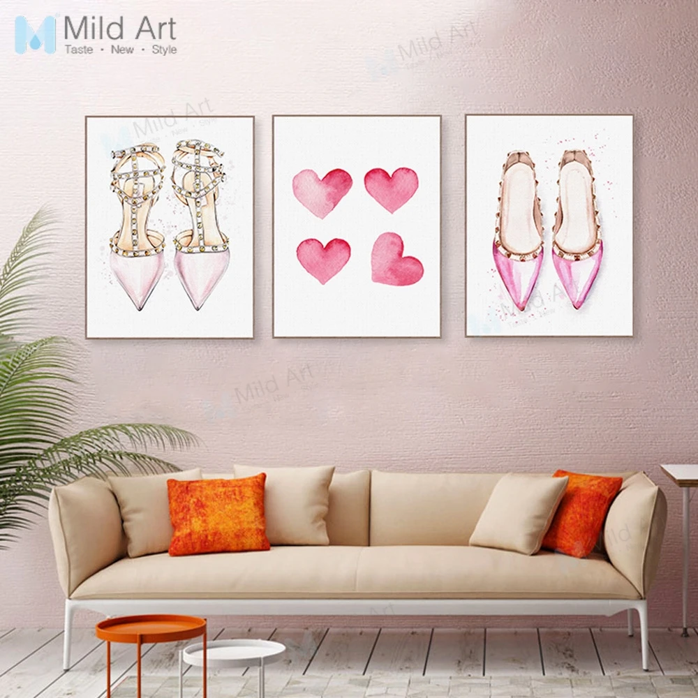 

Watercolor Pink Heart Fashion Shoes Poster Prints Nordic Style Girls Room Wall Art Pictures Home Decor Canvas Painting No Frame