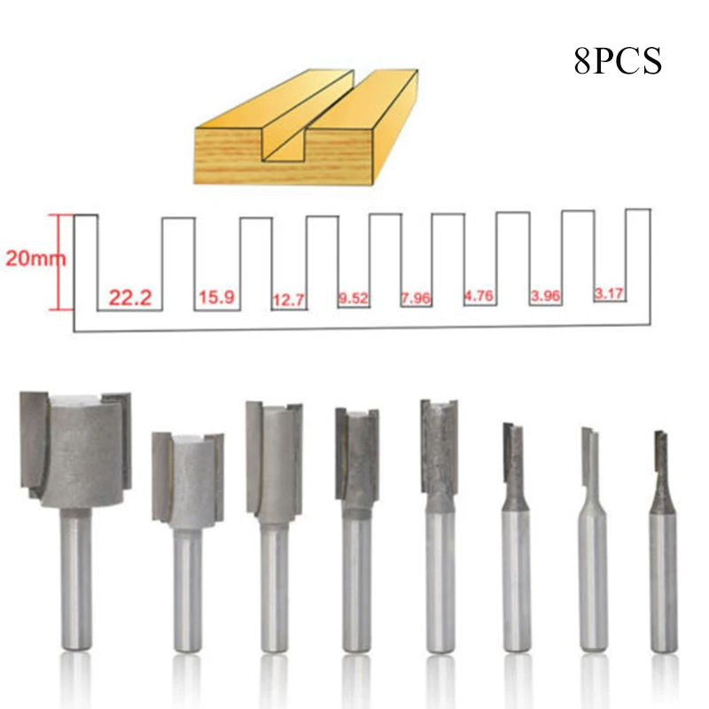 

8pcs 1/4" 6.35mm Shank Router Bit Straight Cutter Routing Woodworking Cutter Set Tool with 2 flute carbide cutting edges