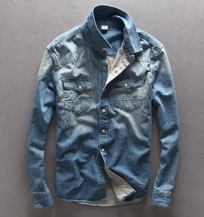 Cotton Blue Denim Shirt Men Slim Casual 