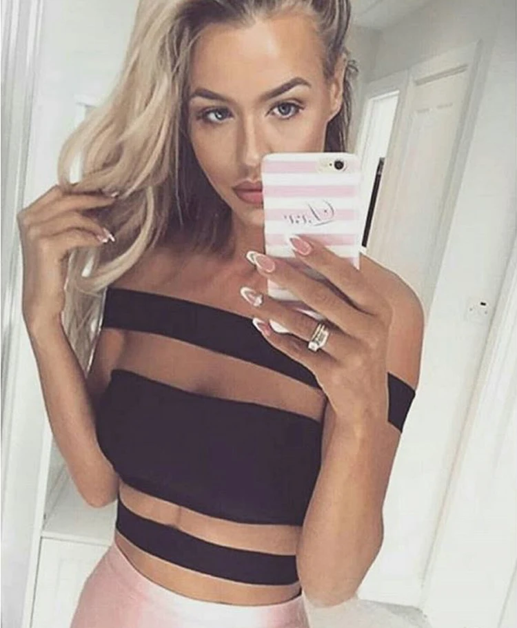 

KLEEZY White Black Solid Color Elegant Slash Neck Sexy Bandage Women Short Tops H1703