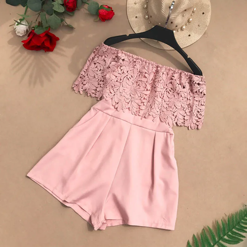 

fashion sexy Floral lace short Jumpsuit women casual off shoulder gules Black Playsuit female summer Elegant party Romper