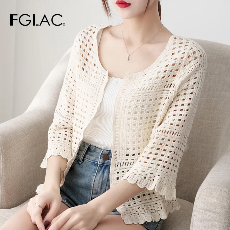 

Spring and summer Korean blouses version loose short Cardigan paragraph shawl hollow sweater coat lace shirt sunscreen clothing
