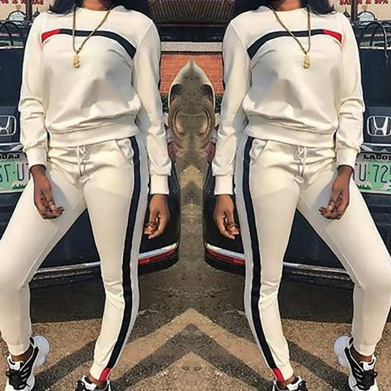 

hirigin Women Hoodie Sets Long Sleeve O-neck Pullover Sweatshirt + Side Striped Long Pants 2Pcs Autumn Winter Warm Basic Suits