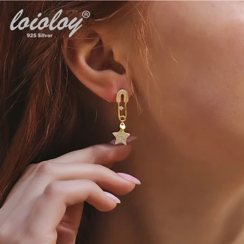

Loioloy 2019 New Bridal Star Drop Earrings Long Cubic Zirconia Real 925 Silver Dangle Gold Earring for Women Fine Jewelry