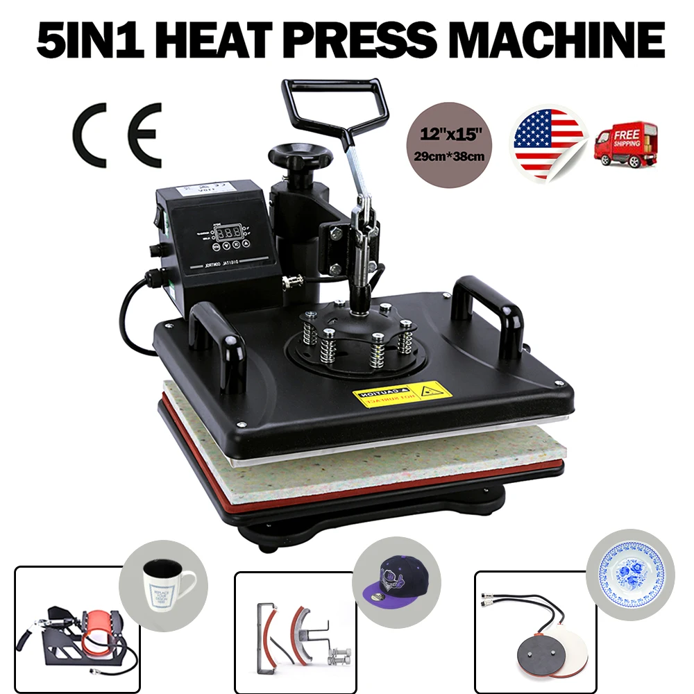 

5 in 1 Swing Heat Press Machine Digital T-shirt Heat Transfer 12" x 15" Sublimation Transfer Machine for Mug Cap Hat Plate Print