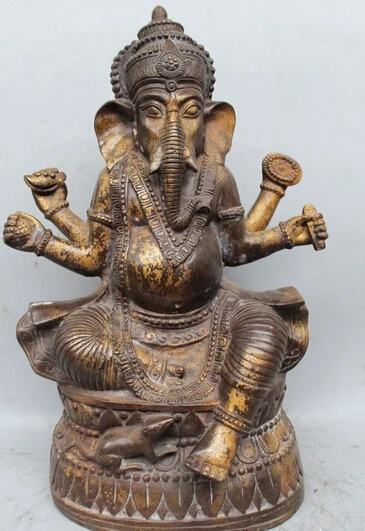

xd 002753 19" Chinese Tibet Bronze 4 Arms Ganesh Elephant Mammon Buddha Mouse Statue