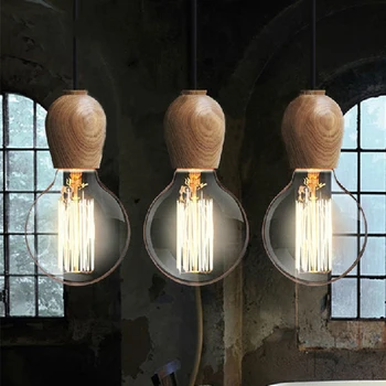 

Vintage Edison Pendant Light Oak Wood Retro Pendant Lamp,E27/E26 Holder Hanging Lamp Home Lighting without Bulbs