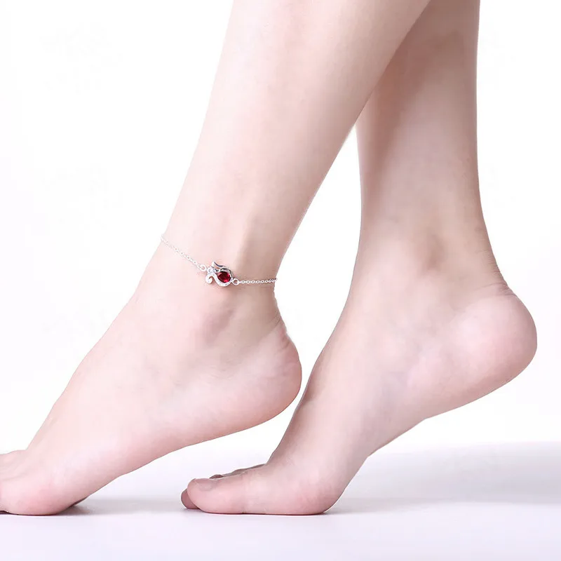 Чистый 925 пробы серебряный ромашка ножной браслет, рубиновый сапфир ножной браслет модный подарок для девочки HZ2791