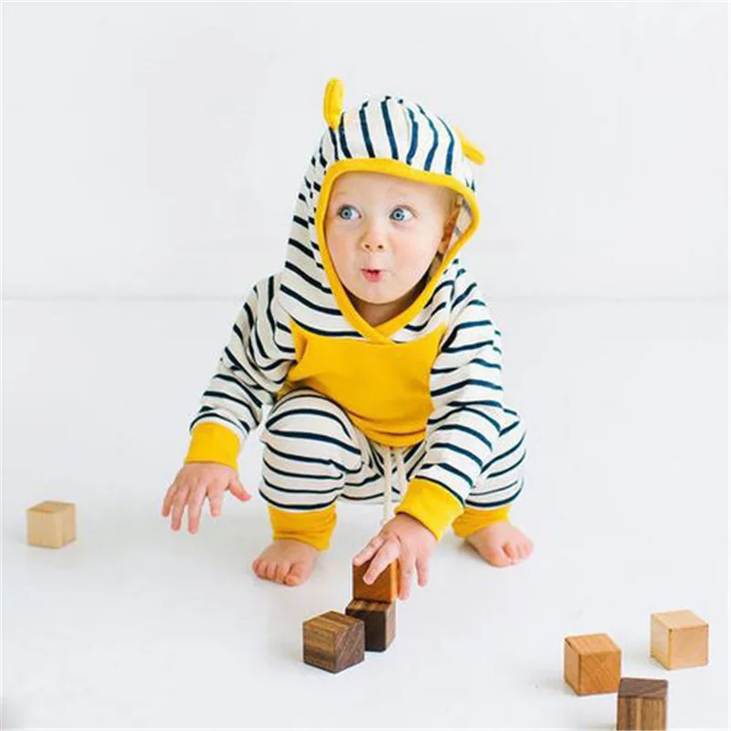 

Hot sale Fashion 2pcs Baby Girl Boy Hooded Tops T-shirt Leggings Trousers Outfits Set Costume Striped Hat