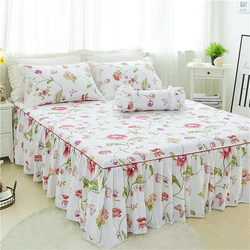 

3pcs Luxury white flower Bed skirt pillowcase bed set king princess mattress cover twin full queen size bedding home textile