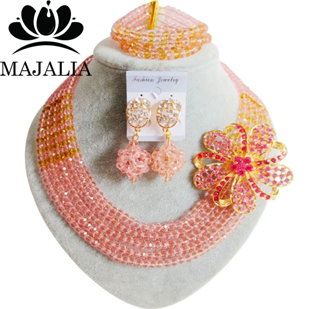 

Trendy Nigeria Wedding Peach african beads jewelry set Crystal necklace bracelet earrings Free shipping Majalia-161