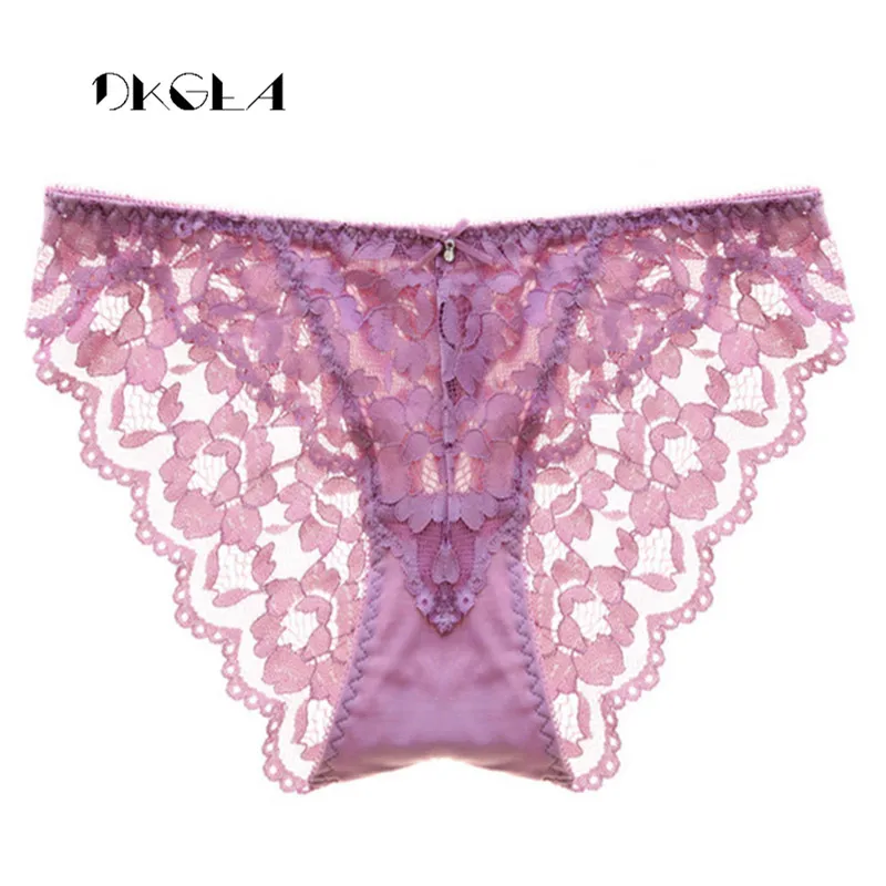 

Fashion New Embroidery Lace Underwear Black Sexy Panties Women Plus Size XL L Purple Transparent Briefs Breathable Comfortable